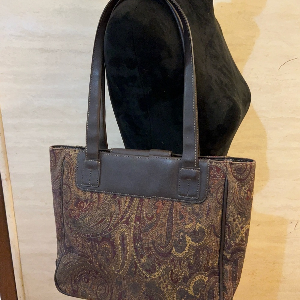 Worthington Paisley Patterned Tote Bag Brown Leather Handles